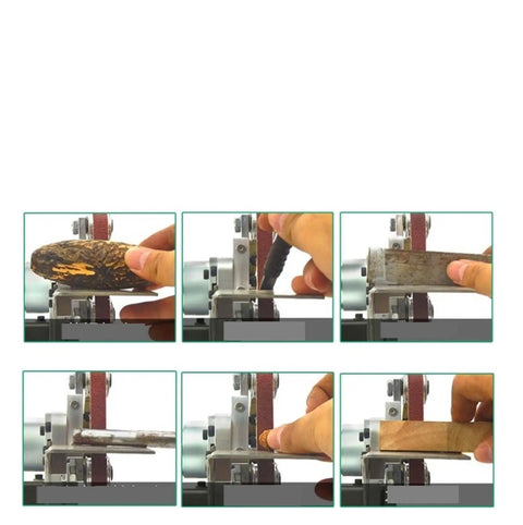 Compact Mini Electric Belt Sander Desktop Grinder For Diy Polishing Woodworking Sanding And Edge Sharpening Machine in use on wood and metal.