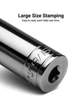 Close-up of a chrome vanadium socket with 3/16 marking, part of Quarter Inch Drive 12 Point Socket Set Deep And Shallow SAE Three Sixteenths To Nine Sixteenths Inch 20 Piece Pro Grade Chrome Vanadium With MaxChrome Plating For Heavy Duty Auto And Gearhead Approved DIY Projects.