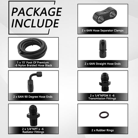 Package contents of 6AN Automatic Transmission Cooler Kit For 4L60E And 4L65E With Nylon Braided Fuel Line Hose And Separator Clamp 15 Ft