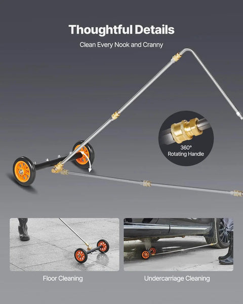 16 Inch Pressure Washer Undercarriage Cleaner Kit with 4000 PSI Stainless Steel Surface Cleaner, shown cleaning driveway and undercarriage.