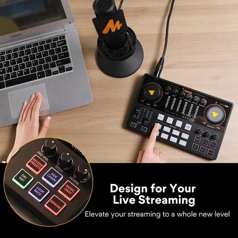 Person using Pro Grade Podcast Gear Bundle with audio interface, XLR condenser microphone, studio controller with 48V Phantom Power.