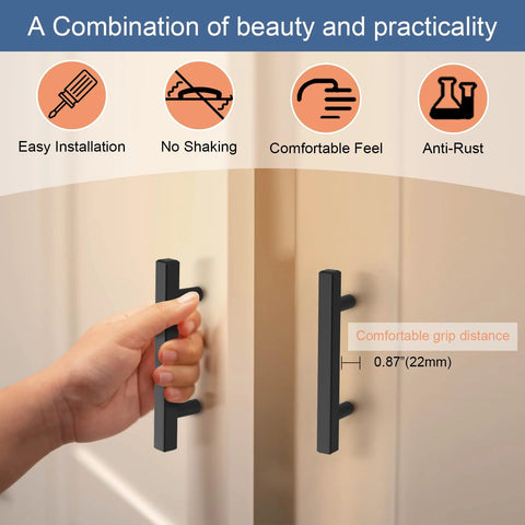 Hand holding a matte black square cabinet handle from the Matte Black Square Cabinet Handles Set Of 30 5 Inch Length Drawer Pulls.