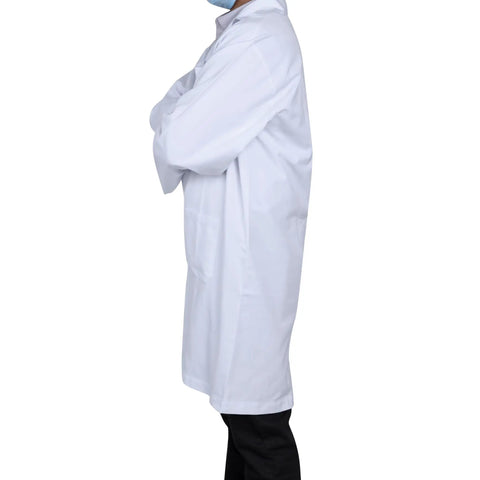 Side view of White Lab Coat Large Size Polycotton Drill Long Sleeves Concealed Front Press Stud Closures Back Vent Three Big Pockets 41 Inch