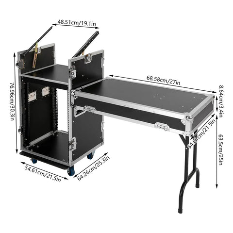 14U DJ Rack Case With Heavy Duty Reinforced Frame And Tough As Nails Mobility Setup For Smoother Rolling Studio Gear Protection During Live Gigs Today, showing detailed dimensions and mobile design.