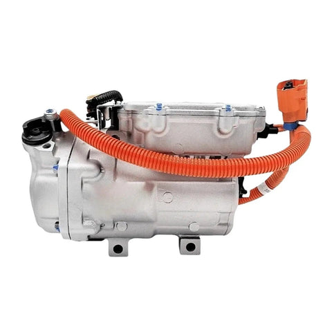 High Voltage Ac Compressor Assembly For Byd Qin Plus Ev Bc28b 322 8v Ha2ej 8103020 side view with orange hose and metal housing.