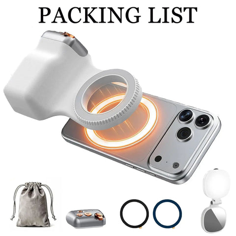 Phone Camera Grip With Light And Wireless Remote, Magnetic Ring, LED Selfie Light, bags and rings for iPhone and Android