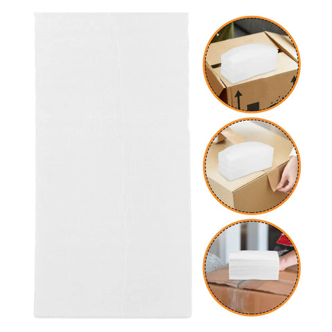 Close-up of 100 Pack White EPE Foam Board Filling Bags for Fragile Items with examples of use on packing boxes.