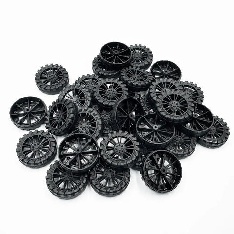 Close-up of 30 Pack 30mm Plastic Toy Car Wheels With 15 Shaft Axles For RC Cars Trucks And Robots DIY Model Parts Wheel Accessories