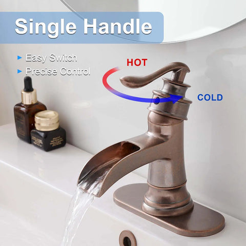 Copper Waterfall Bathroom Faucet With Antique Brass Finish For Vintage Style Bathrooms, Single Hole Sink Tap, Ideal For Restrooms And Commercial Use, Solid Brass Construction No Pop Up Drain