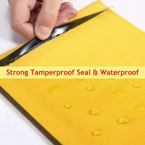 Close-up of a hand peeling the seal of a yellow Biodegradable Bubble Mailer, 10.5x16 inches, with droplets showing waterproof feature.