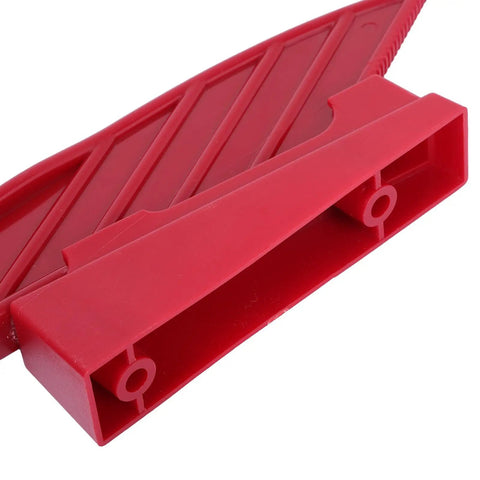 Rock Solid Table Saw Push Stick With Riving Knife Splitter 16.5 Inches Long viewed from above, showcasing durable red plastic and smooth design.