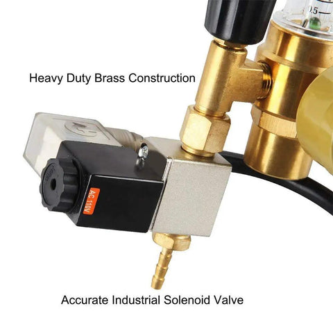 Heavy-duty brass CO2 Regulator Kit With Gauge And Flow Meter, 120V Solenoid Plug for grow rooms and indoor gardens.