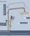 Outdoor Shower System in SUS304 Brushed Nickel, 8 Inch Rainfall Head With Handheld Spray, adjustable height detail, wall mount view