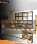 Living room with 4 Pack 6 Inch LED Recessed Light Set Dimmable 3CCT Tunable 3000K-5000K, no flicker, smooth dimming feature shown.