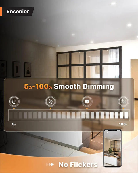 Living room with 4 Pack 6 Inch LED Recessed Light Set Dimmable 3CCT Tunable 3000K-5000K, no flicker, smooth dimming feature shown.