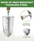 Garden Trowel With Serrated Edge And Four Inch Depth Marks, Stainless Steel Blade With Comfortable Wood Handle