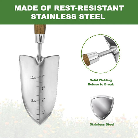 Garden Trowel With Serrated Edge And Four Inch Depth Marks, Stainless Steel Blade With Comfortable Wood Handle