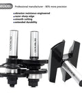 Three Piece Cabinet Door Raised Panel Router Bit Set One Half Inch Shank With C3 Carbide For Tenon Joints, Pro Grade Woodworking Tools For Building Cabinets, Doors, And Window Frames, Cutter Diameter One And Five Eighths Inches showing three router bits.