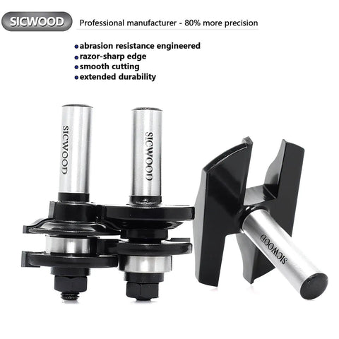 Three Piece Cabinet Door Raised Panel Router Bit Set One Half Inch Shank With C3 Carbide For Tenon Joints, Pro Grade Woodworking Tools For Building Cabinets, Doors, And Window Frames, Cutter Diameter One And Five Eighths Inches showing three router bits.
