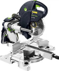 KAPEX KS 120 REB Sliding Compound Miter Saw With Rail Forward Design for pro-grade precision shown on a compact workbench