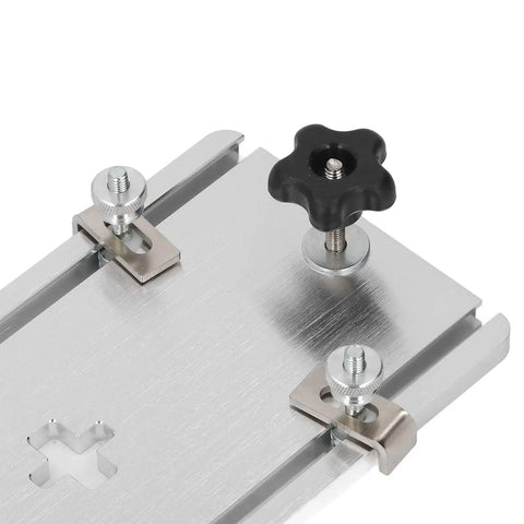 Solid As A Rock 6061 Aluminum Alloy Electric Jig Saw Flip Board And Router Table Insert Plate For Woodworking Sheds close-up view of adjustment knobs and mounting clips.