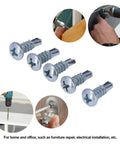 50 Pack 4.2x13mm Wood Screws Set With Phillips Head High Hardness Carbon Steel Self Tapping Fasteners shown in use for furniture repair.