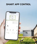 Smartphone showing app control for Beefy Capacity Portable Power Station S2000 Pro 1520Wh LiFePO4 Solar Generator at campsite