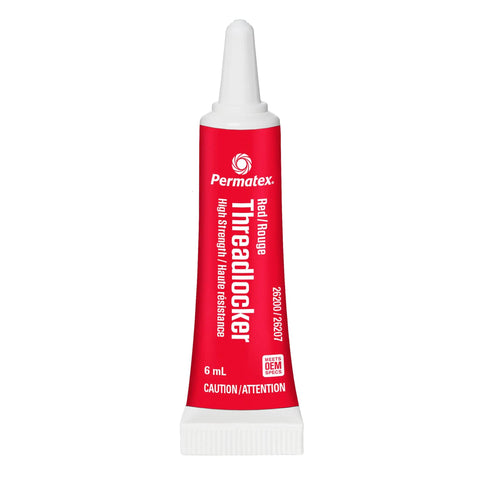 Red High Strength Thread Locker For Heavy Duty From Three Eighths To One Inch Locks Studs And Press Fits Delivers Three Thousand PSI Holding Power To Fight Vibration Loosening And Keep Things Tight For Removable Or Permanent Installations Six Ml Tube, featuring a 6 mL tube for fasteners.