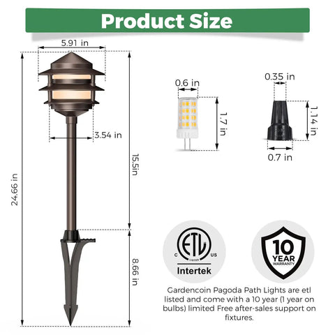 Pagoda Low Voltage Landscape Path Lights 12V Outdoor LED Bronze Three Tier Lanterns Replaceable 4W 2700K G4 Bulb size diagram