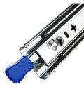 Rock Solid Heavy Duty Bottom Mounted Concealed Drawer Slides With Push To Open Rebound mechanism and blue handle detail