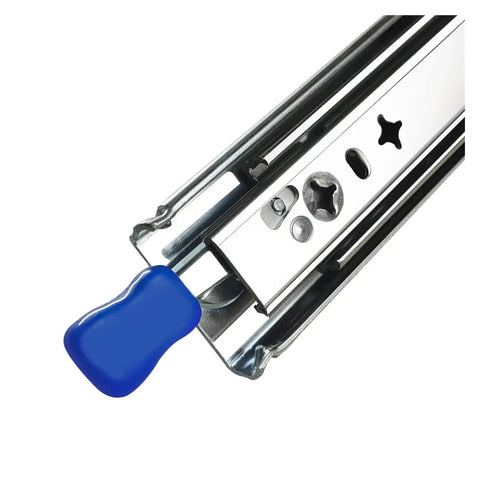 Rock Solid Heavy Duty Bottom Mounted Concealed Drawer Slides With Push To Open Rebound mechanism and blue handle detail