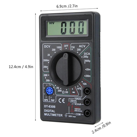 DT-830B Digital Multimeter With Large LCD Display, showing dimensions and dial settings, Go-To Amp Volt Ohm Tester for labs and factories.