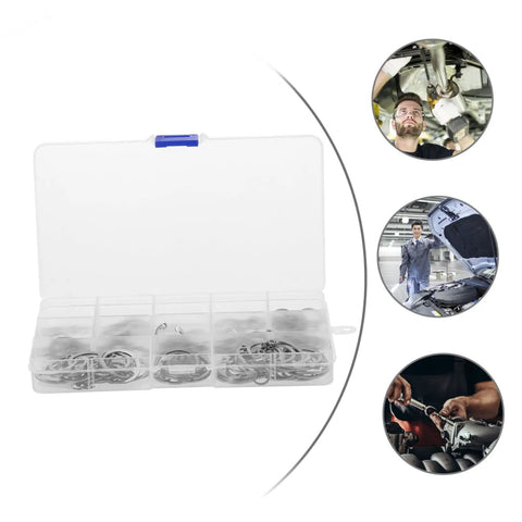 150 Piece Stainless Steel Snap Rings C Clip Retaining Ring Kit For Shafts in plastic case with installation scenes