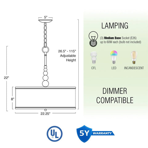 Diagram of Adelade 23 Inch Modern 3 Light Drum Pendant Chandelier with sizing and compatible lamp types displayed