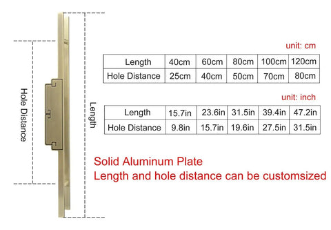 Side view of Heavy Duty Push Pull Door Handle For Glass Wood And Metal Doors Built To Last, Retro Aluminum Sliding Barn Style Pull, Bronze Finish, with size and hole distance chart