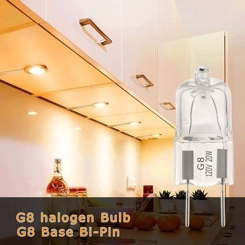 G8 Halogen Under Cabinet Light Bulbs 20W 120V Replacement Pack Of 10, 2700K Warm White, shown under cabinet lighting.