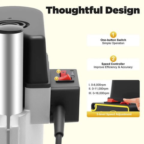 Close-up of 3-Speed Portable Electric Benchtop Drill Press showing speed switch and control panel for DIY use.