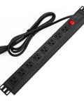 Eight Wide-Spaced Rack Mount Power Strip Surge Protector PDU with Right Angle Outlets, heavy duty 6 foot cord, black metal body