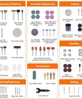 Rotary Tool Accessories Kit Do-It-All 361 Pieces One Eighth Inch Shanks categorized by use for DIY projects and crafting.
