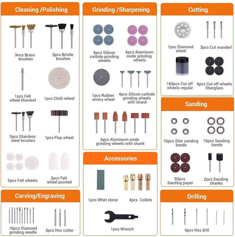 Rotary Tool Accessories Kit Do-It-All 361 Pieces One Eighth Inch Shanks categorized by use for DIY projects and crafting.