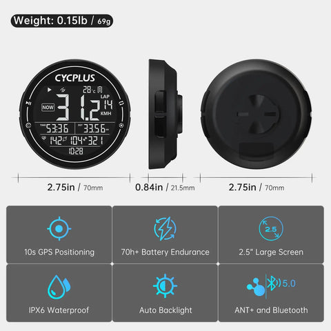 Front, side, and back view of GPS Bike Computer With Wireless Connectivity, ANT Plus And Bluetooth Speedometer Odometer.
