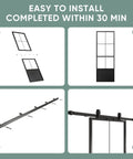 Installation steps for Frosted Tempered Glass Sliding Barn Door Panel With Pre Drilled Carbon Steel Frame 32 Inch By 84 Inch Includes Five And A Half Foot Hardware Kit And Soft Close Mechanism Easy Install For Modern Home Or Office Room Divider