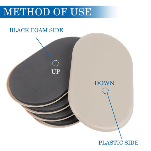 8 Pack Large Furniture Sliders For Carpet And Hardwood Floors 9.5 By 5.75 In Moving Pads top view, showing black foam and plastic sides.