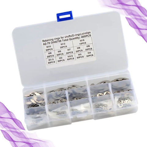 All-In-One Retaining Ring Kit For Shafts, 400 Stainless Steel E Rings M1.5 To M15, oil resistant set in a clear case