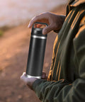 Person holding a black Rambler cup with Screw Top Lid Replacement For Yeti Rambler Cups, No Cap Leakproof Chug Cap That Fits All Rambler 18oz 26oz 36oz 46oz 64oz, durable and shatterproof