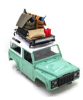 Premium 1/12 Scale Metal Luggage Carrier Roof Rack With Bright Light mounted on RC truck, displaying gear and supplies.
