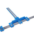Precision Aluminum Punch Locator Drill Guide Jig For Pro Level Cabinetry And Carpentry delivering zero drama doweling, blue adjustable measuring guide.