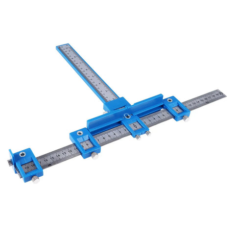 Precision Aluminum Punch Locator Drill Guide Jig For Pro Level Cabinetry And Carpentry delivering zero drama doweling, blue adjustable measuring guide.
