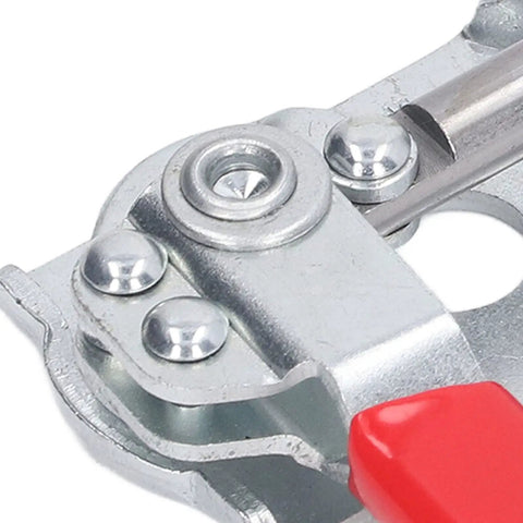 Close-up of Beefy 40Kg High Force Push Pull Toggle Clamp With 164mm Stroke Stainless Steel Quick Clamp mechanism and rivets.