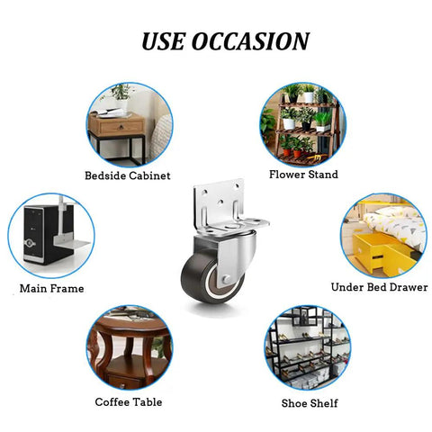 Ultra Smooth One Inch Side Mount Casters With Nifty L Plate Swivel Design, easy setup for bedside cabinet and coffee table use.